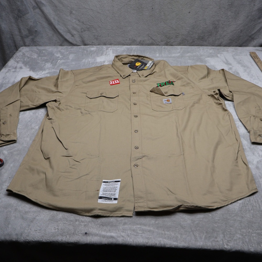 Carhartt Shirt Mens 2XL Beige Flame Resistant Loose Twill Long Sleeve LOGO NEW